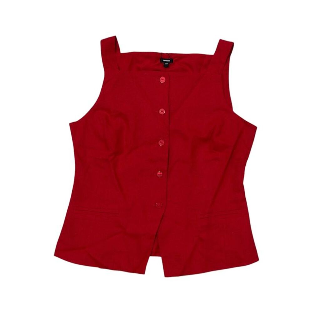 Express Women's Lightweight Slim Fit Linen Blend Button-Up Tank Top - Red